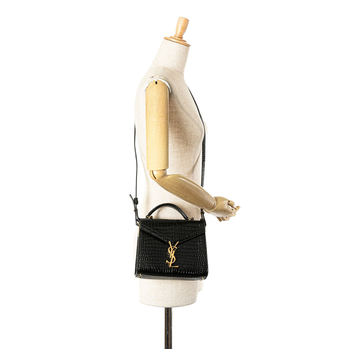 Saint Laurent Mini Croc Embossed Monogram Cassandra Satchel Black