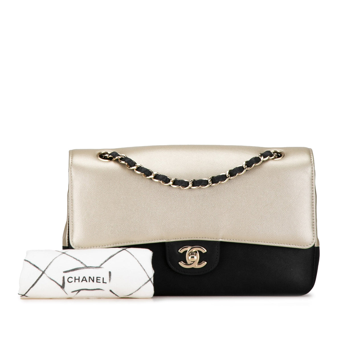 Chanel Medium Classic Bicolor Caviar Double Flap Silver