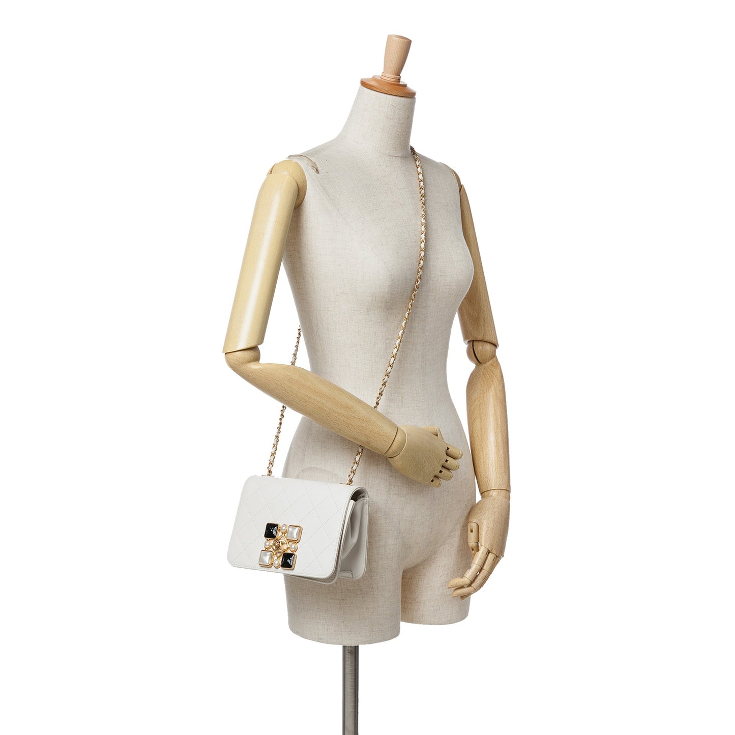 Chanel Small CC Quilted Calfskin Crystal Pearl Full Flap White