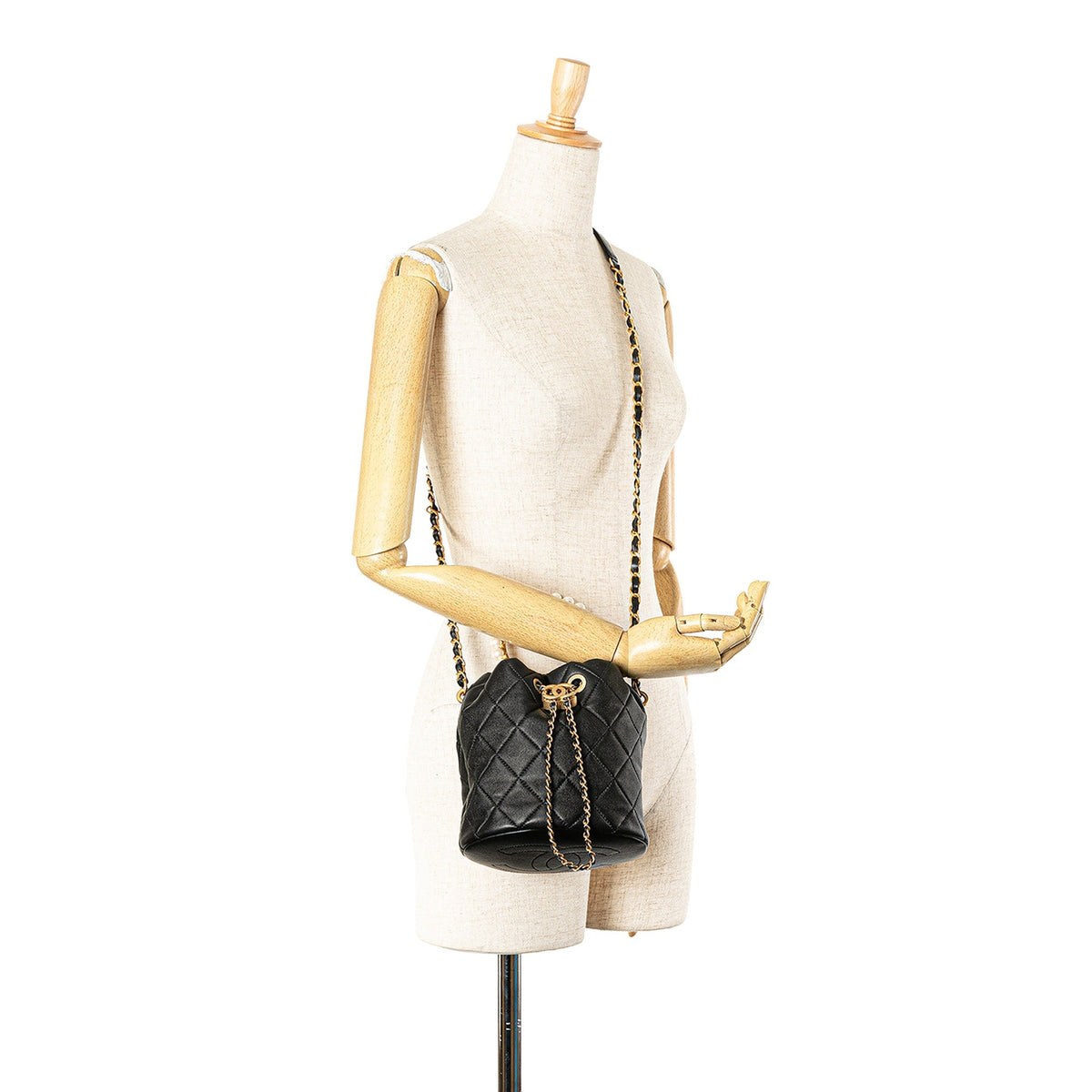 Chanel Quilted Lambskin Pearl Crown Drawstring Bucket Bag Black
