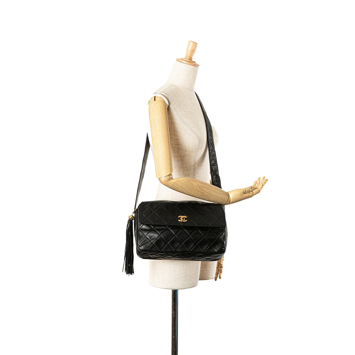 Chanel CC Quilted Lambskin Tassel Crossbody Black