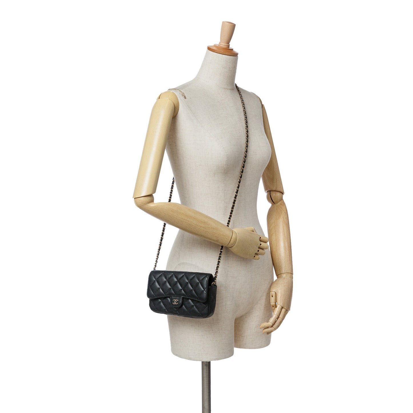 Chanel CC Quilted Caviar Flap Phone Holder Wallet on Chain Black