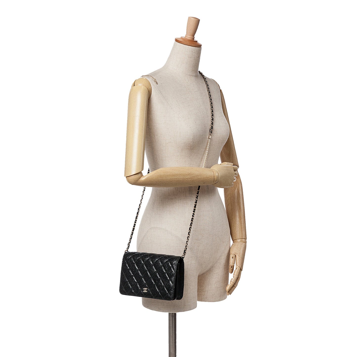 Chanel Quilted Crackled Patent Calfskin Pearl Wallet On Chain Black