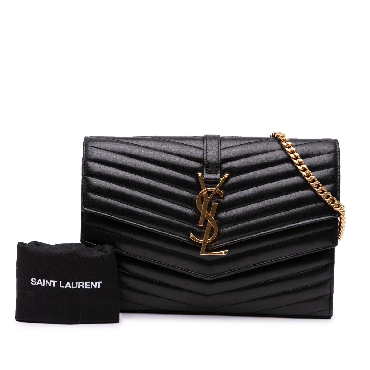 Saint Laurent Lambskin Chevron Monogram Sulpice Chain Wallet Black