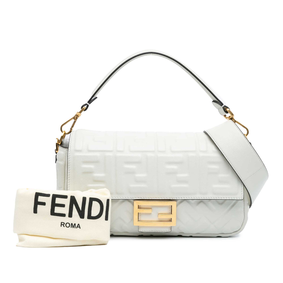 Fendi Zucca Embossed Leather Baguette Satchel White