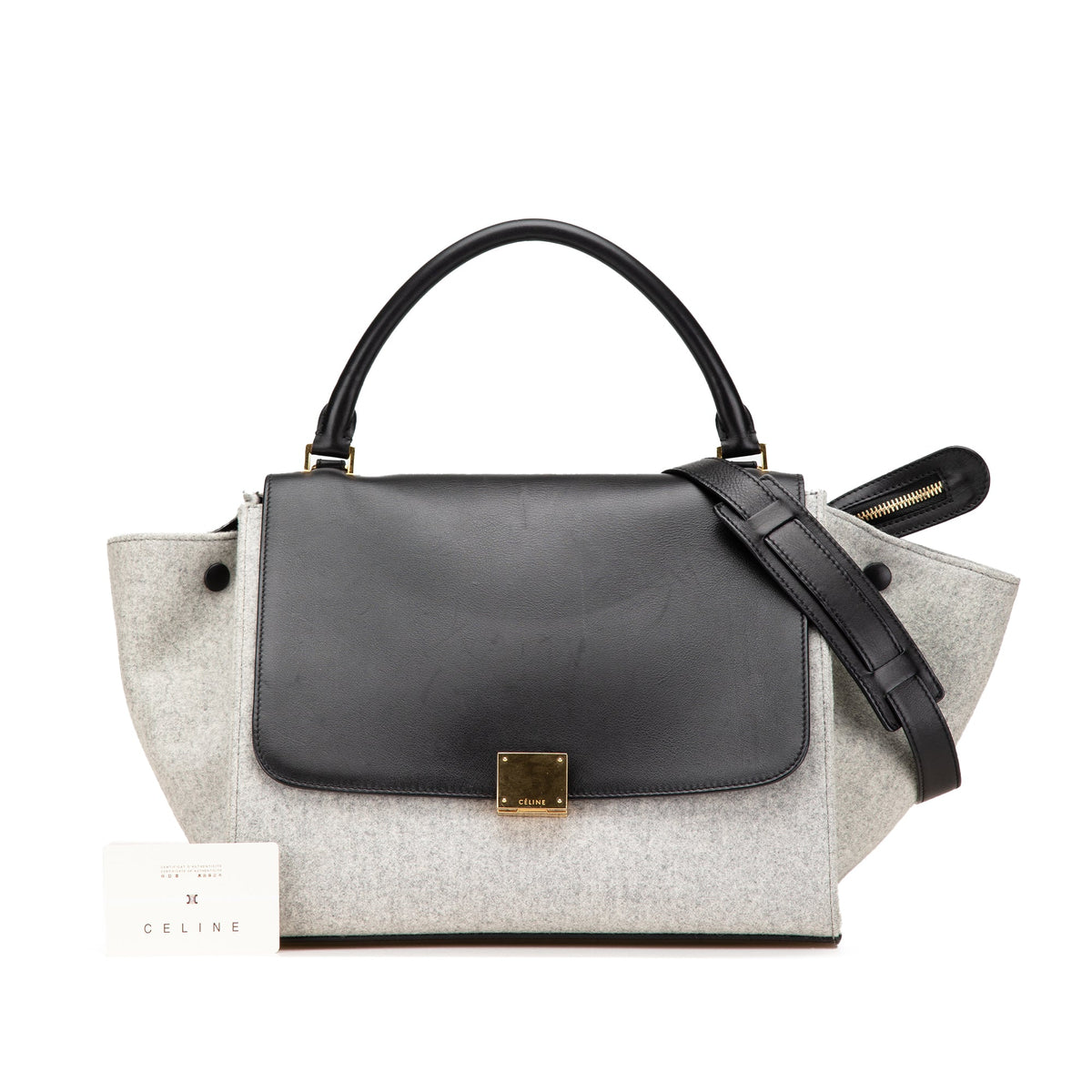 Celine Medium Wool and Calfskin Bicolor Trapeze Satchel Gray