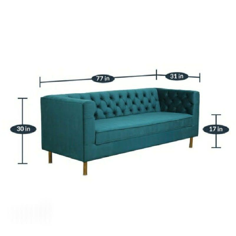 Roomloft Jade Teal Velvet 3-Seater Chesterfield Sofa – Button-Tufted Back & Gold Metal Legs