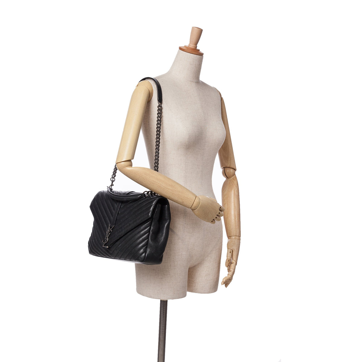 Saint Laurent Large Sheepskin Chevron Monogram Monochrome College Bag Black