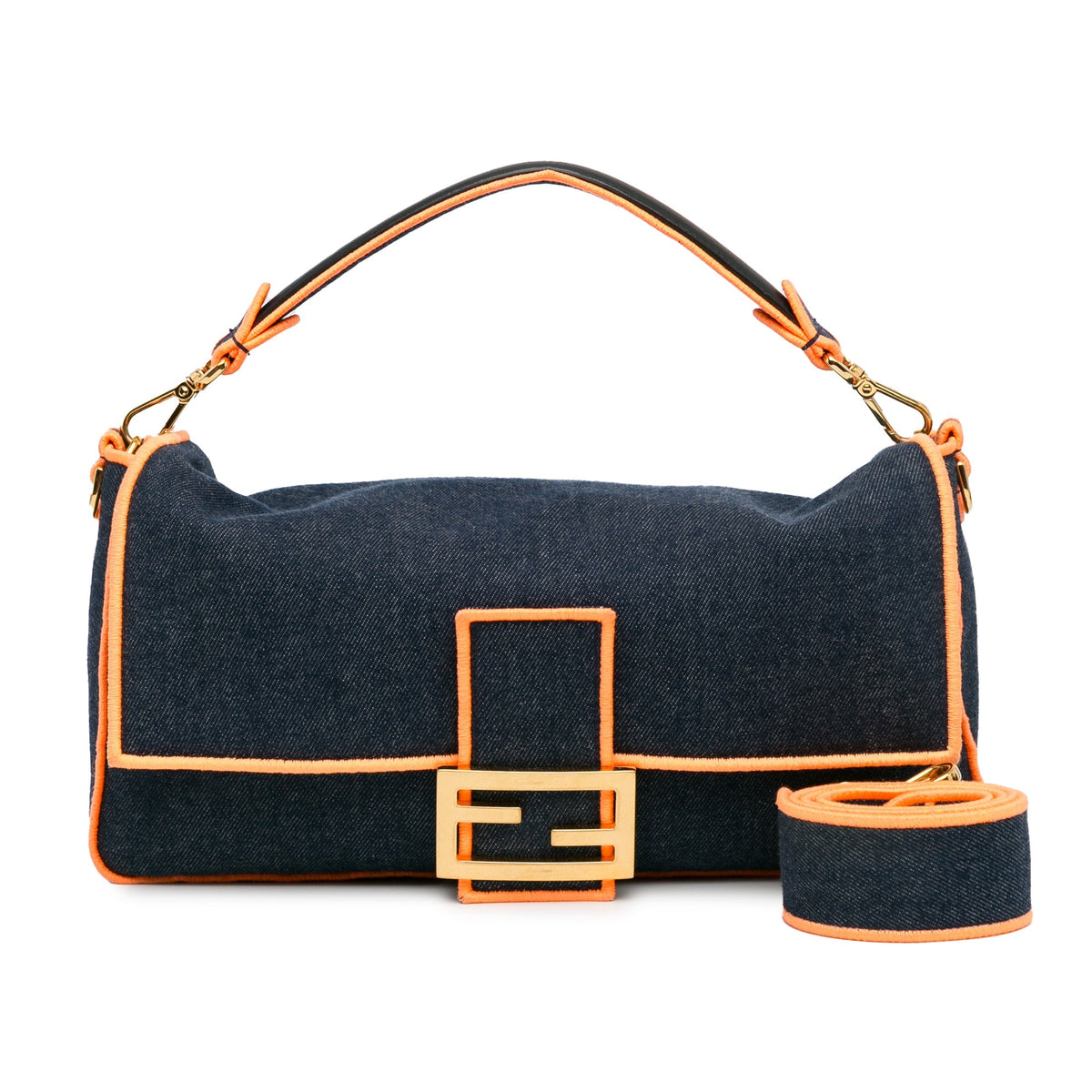 Fendi Large Denim Baguette Satchel Blue
