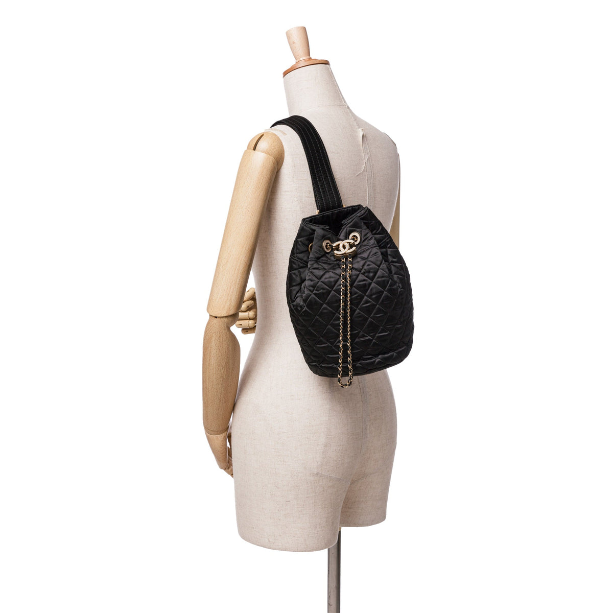 Chanel Quilted Nylon Crystal CC Drawstring Sling Bag Black