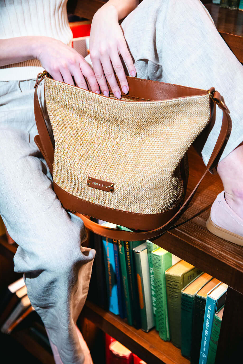 Valencia Shoulder Bag - Cognac Leather and Camel Raffia