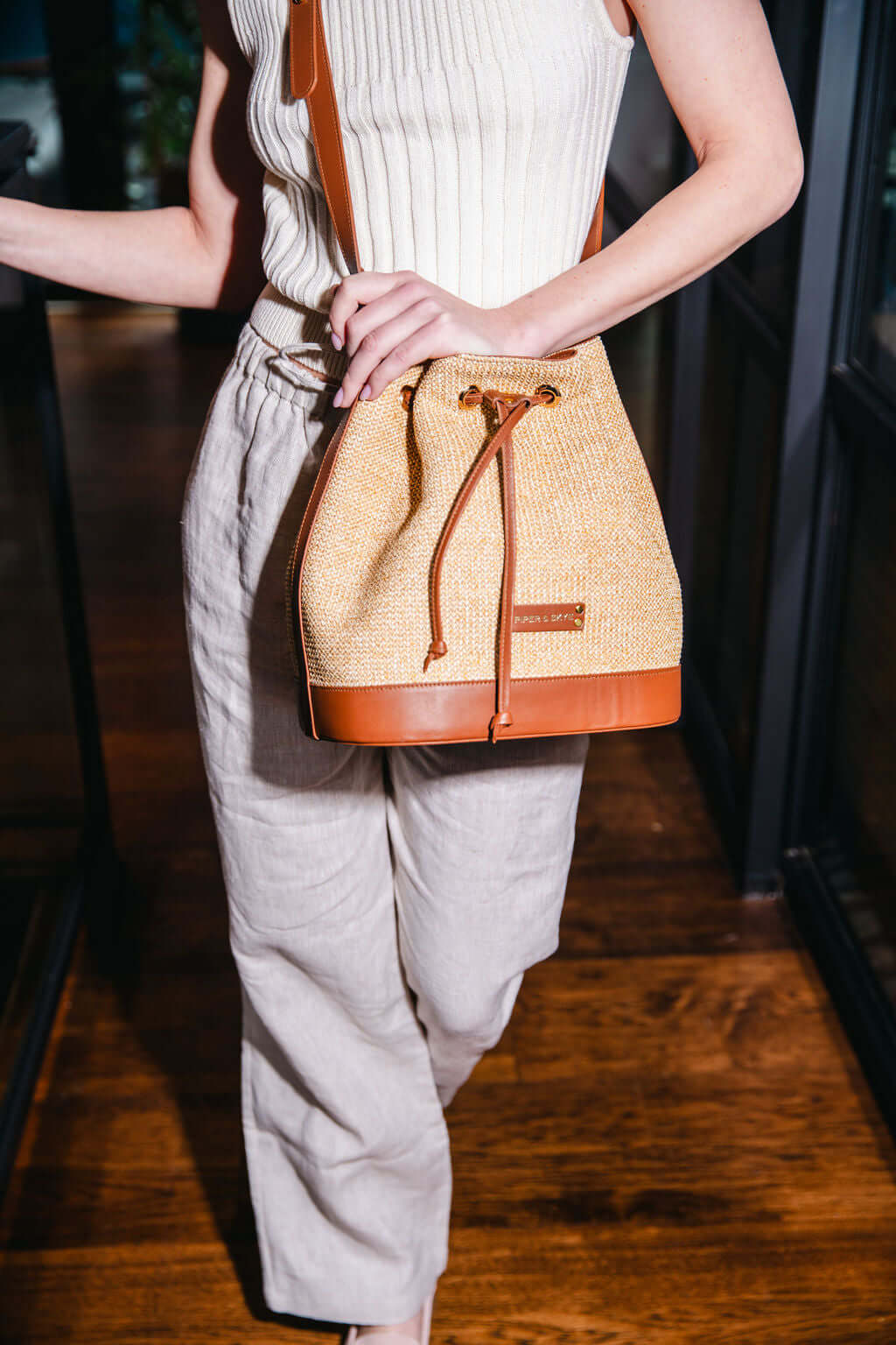 Malaga Raffia Bucket Bag - Cognac Leather and Camel Raffia