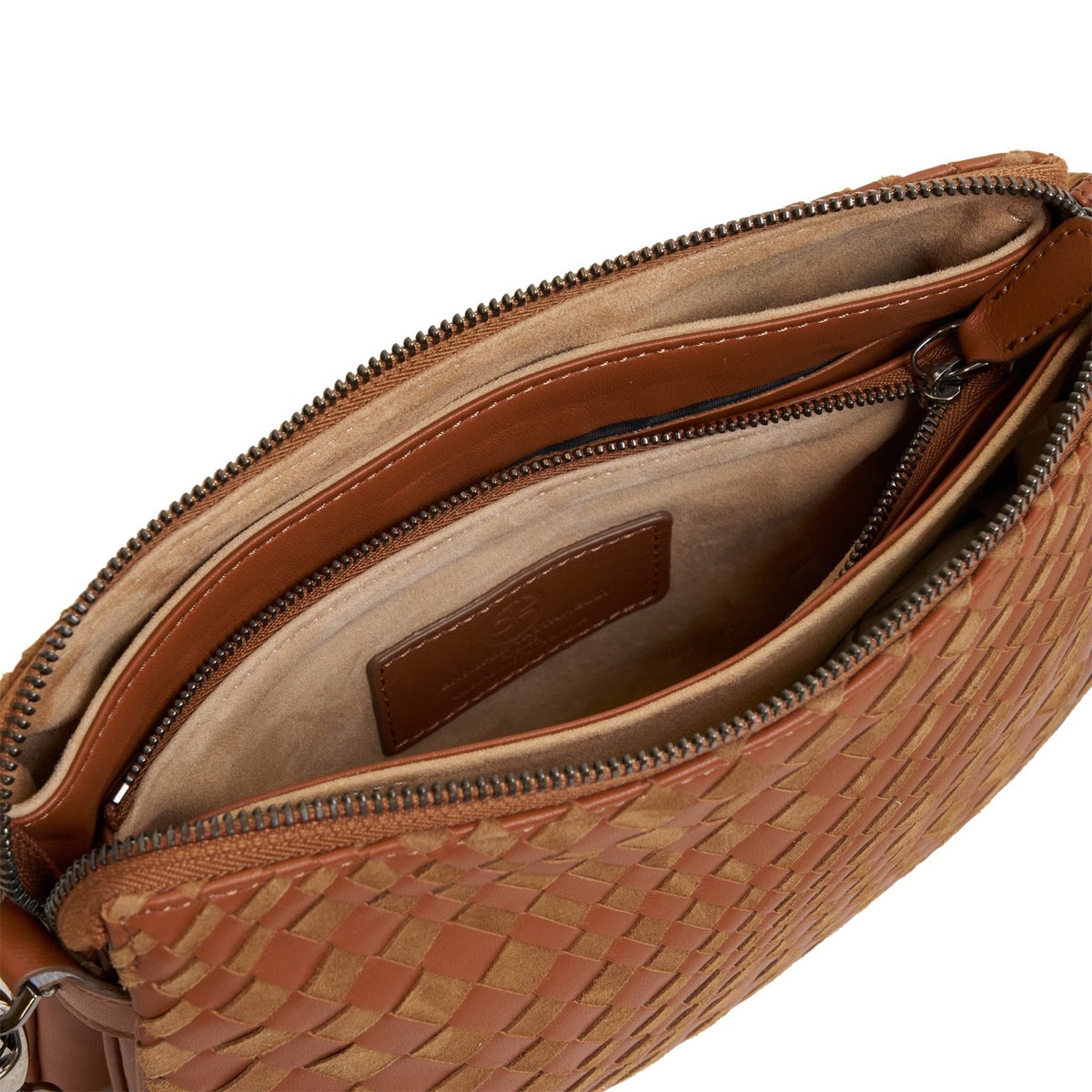 Woman Leather Clutch Intreccio Optical Suede Cuoio