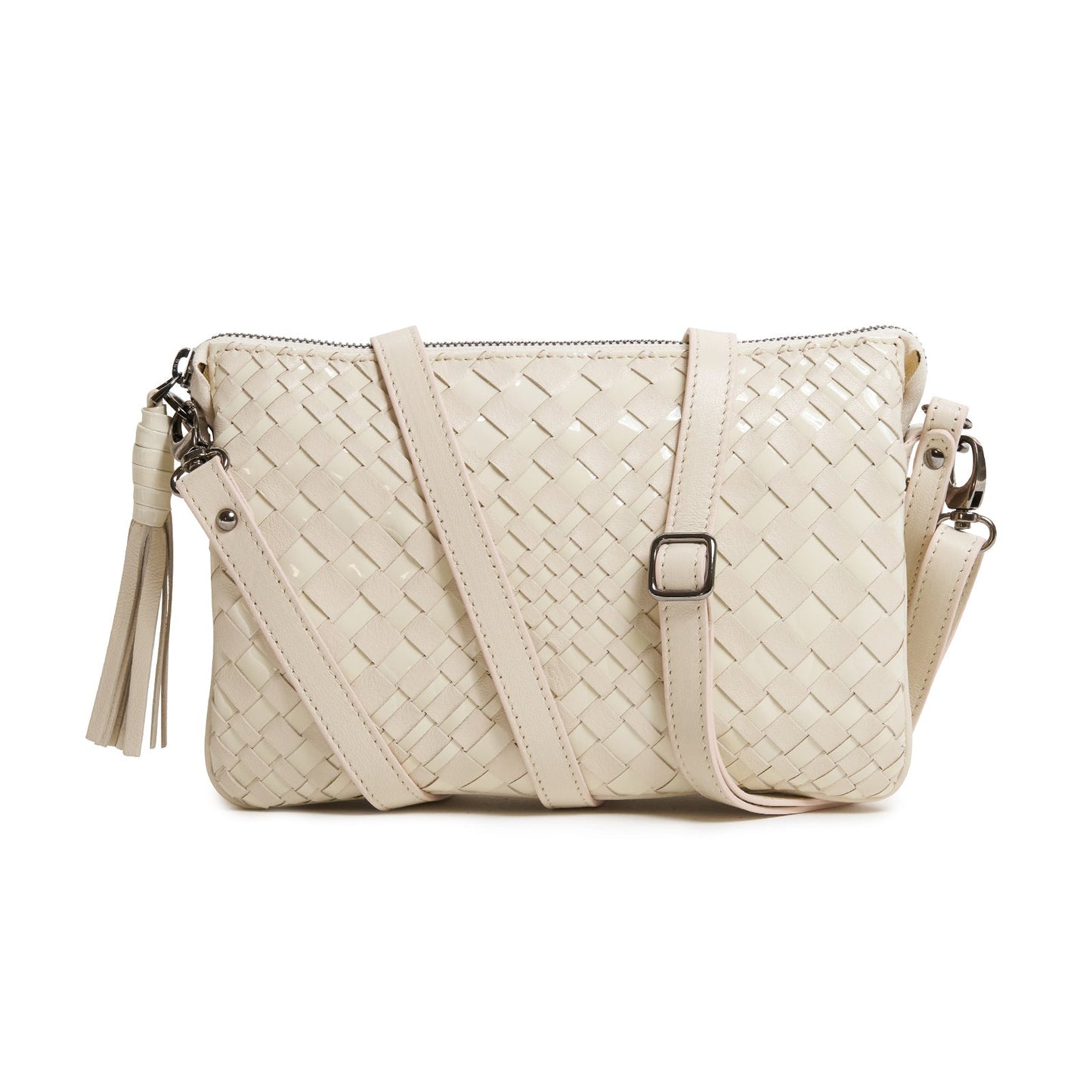 Woman Leather Clutch Intreccio Optical Nappa Patent Beige