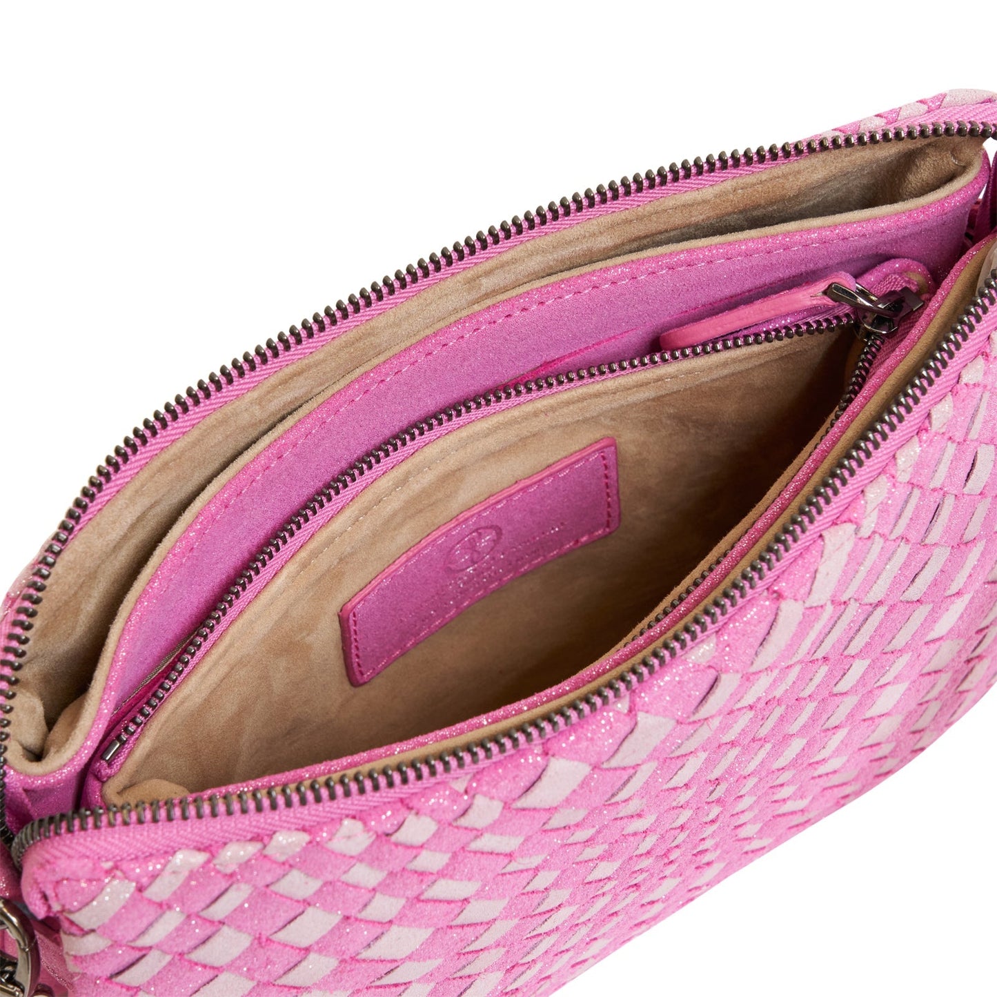 Woman Leather Clutch Intreccio Optical Shimmer Candy Pink and Rose Bon Bon