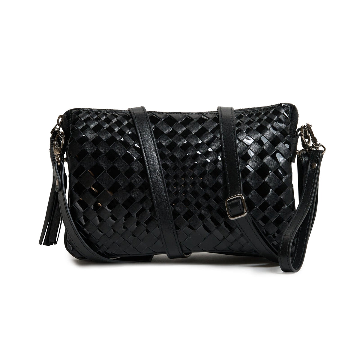 Woman Leather Clutch Intreccio Optical Nappa Patent Black