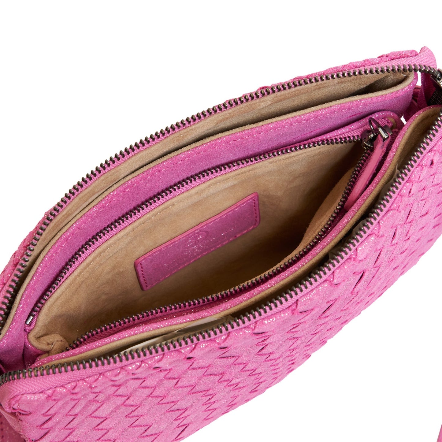 Woman Leather Clutch Intreccio Optical Shimmer Candy Pink