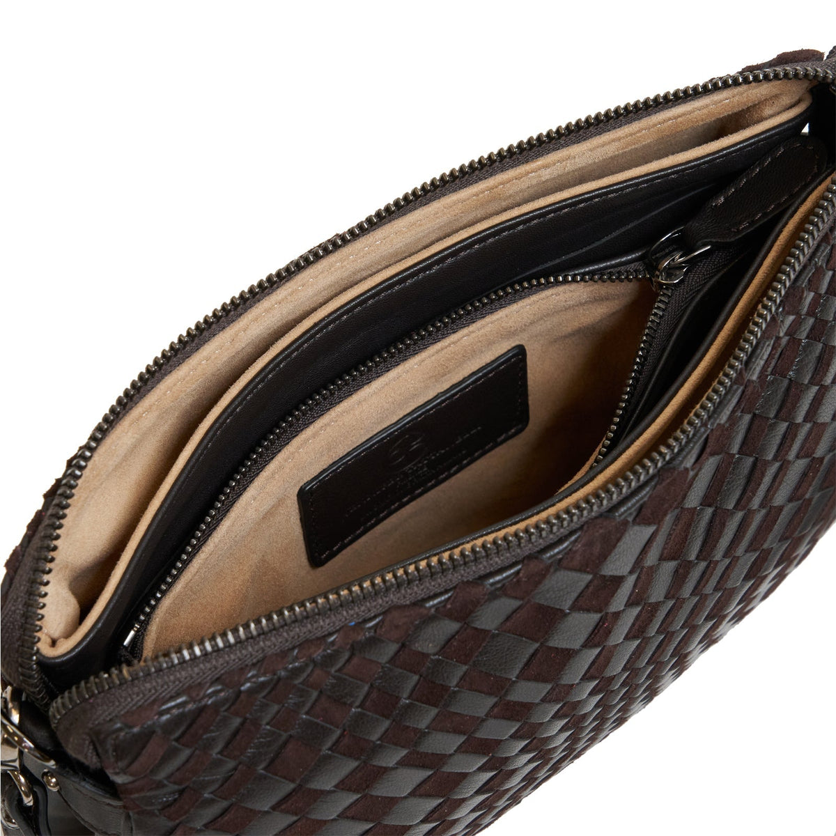 Woman Leather Clutch Intreccio Optical Suede Testa di Moro