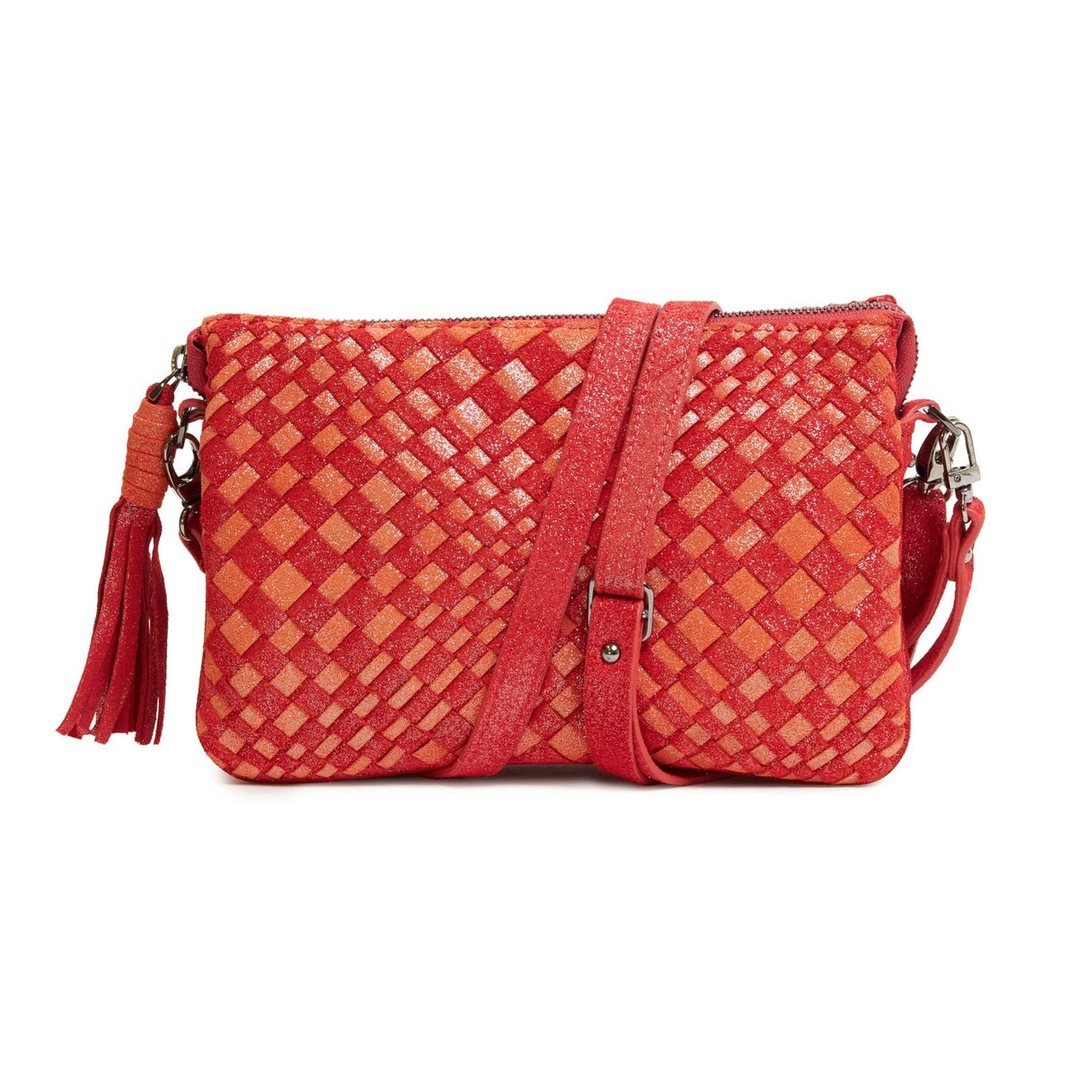 Woman Leather Clutch Intreccio Optical Shimmer Fucsia and Coral
