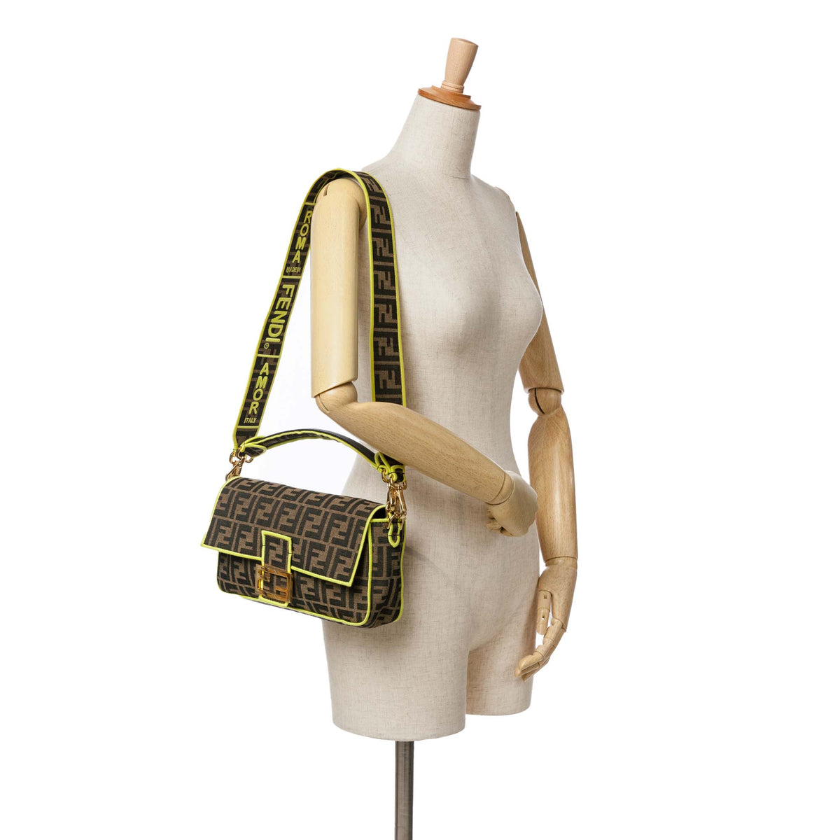 Fendi Medium Zucca Canvas Fluo Trim Baguette Satchel Brown