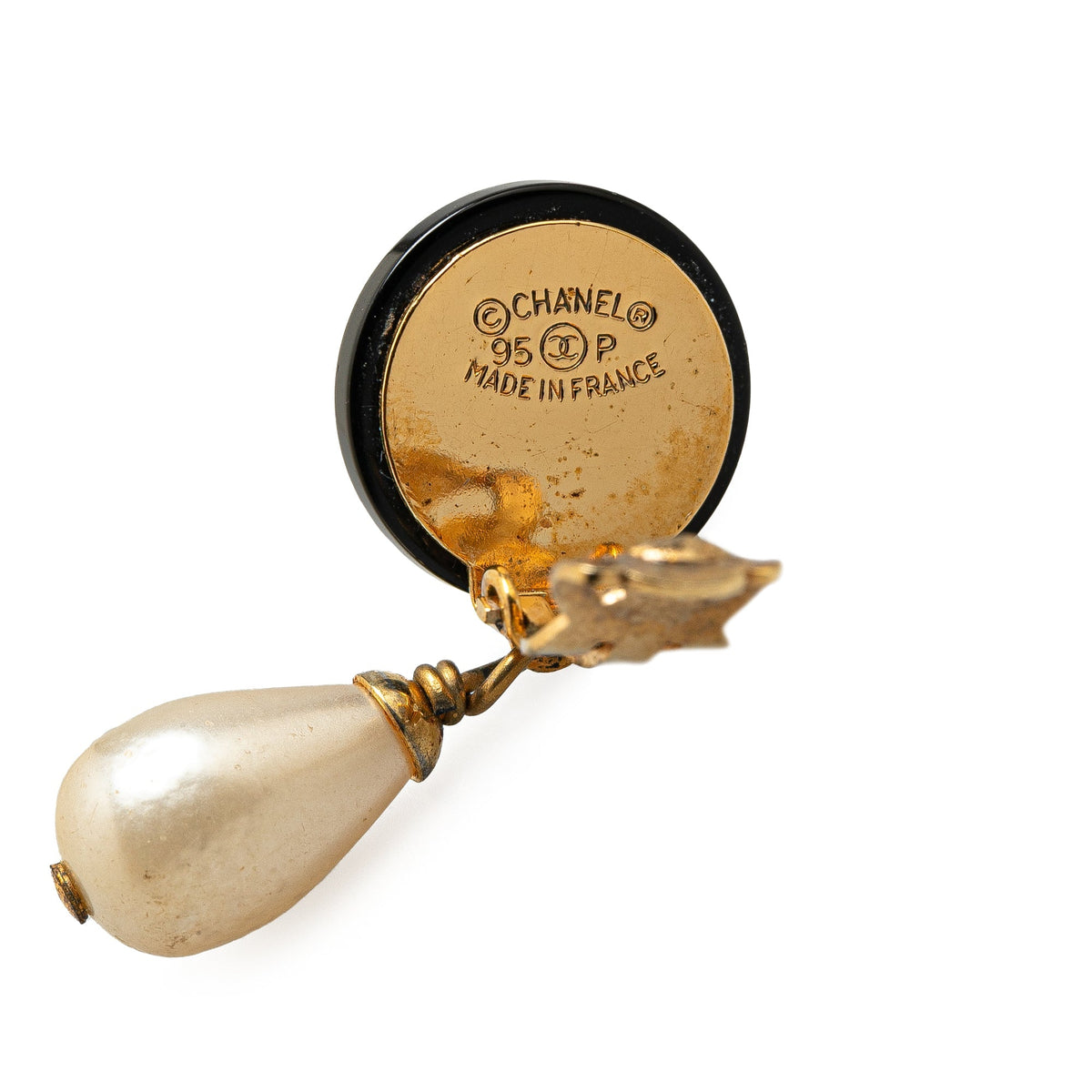 Chanel Gold Plated CC Faux Pearl Swing Clip On Earrings Gold