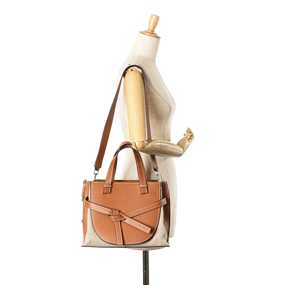 LOEWE Medium Canvas and Calfskin Gate Top Handle Bag Brown