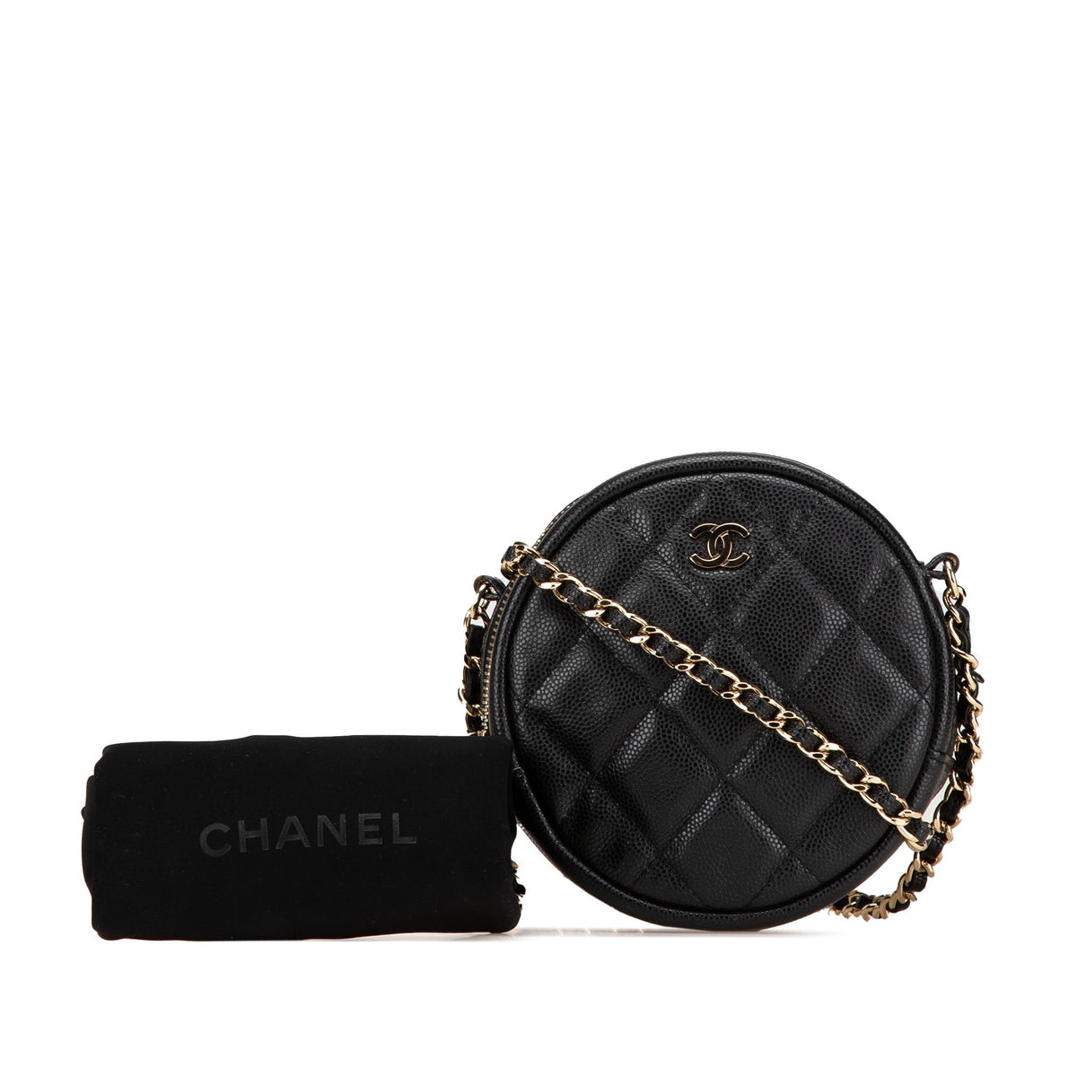 Chanel CC Quilted Caviar Round Clutch With Chain Black