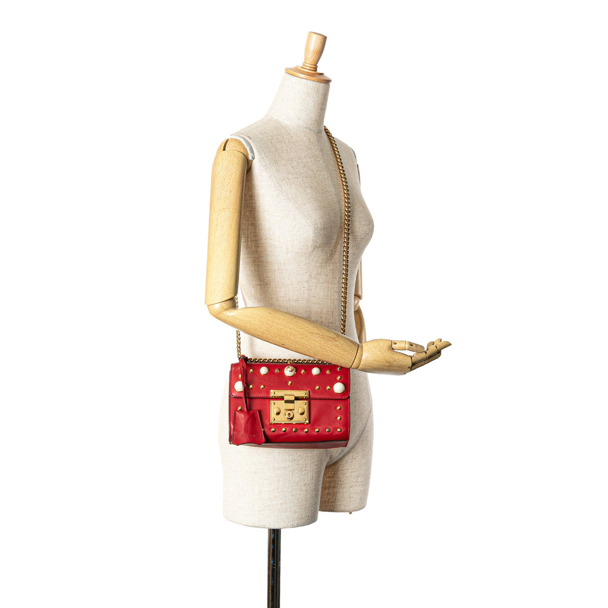 Gucci Small Pearl Studded Leather Padlock Crossbody Red