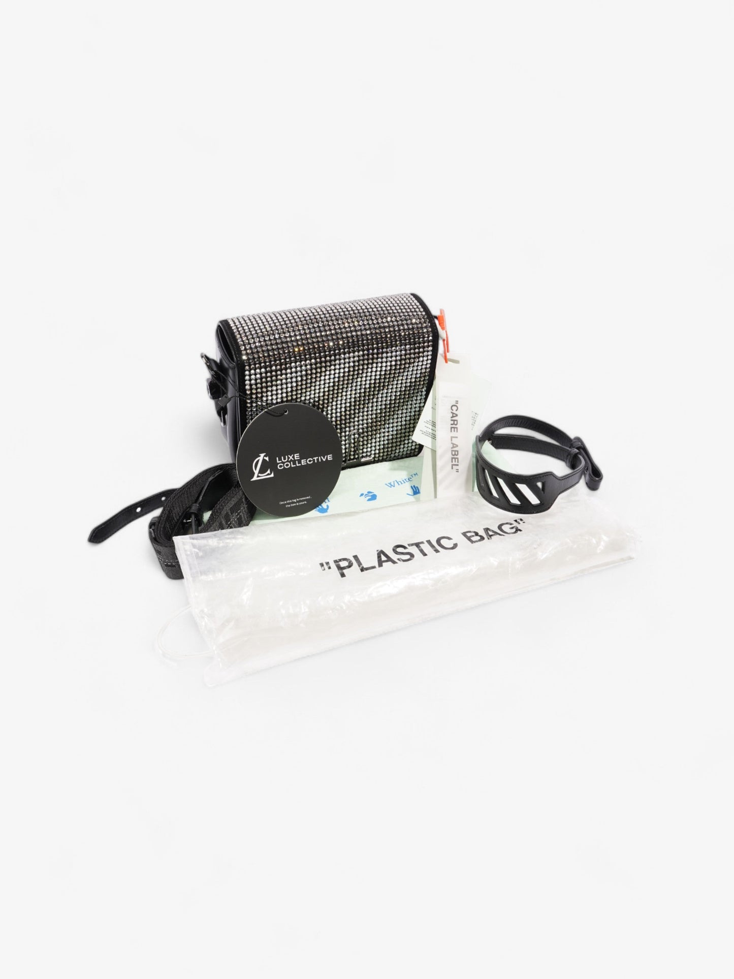 Off White Crystal Binder Clip Black Leather