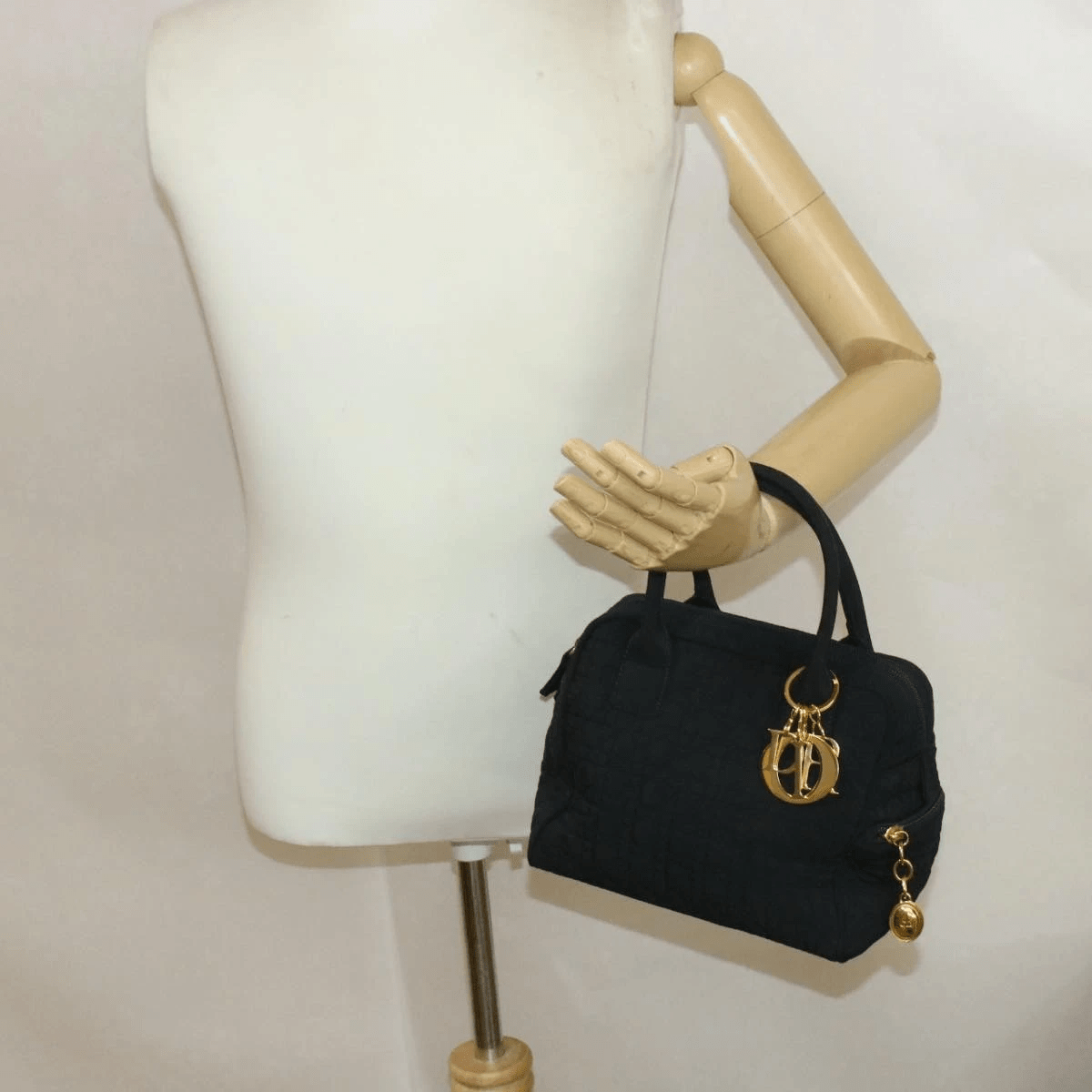 Christian Dior Cannage Hand Bag Black Nylon