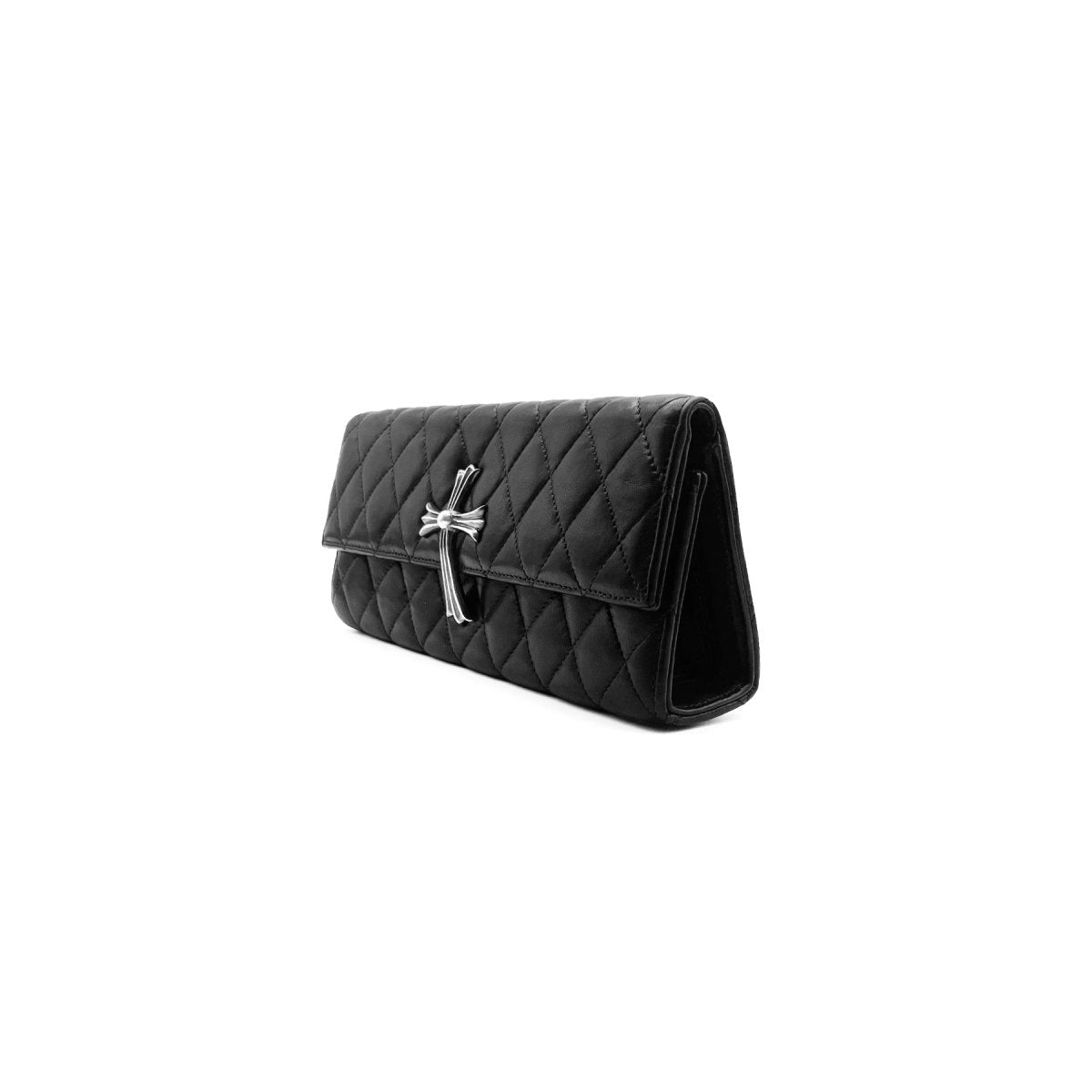 Chrome Hearts Silver Cross Quilted Leather Clutch Bag