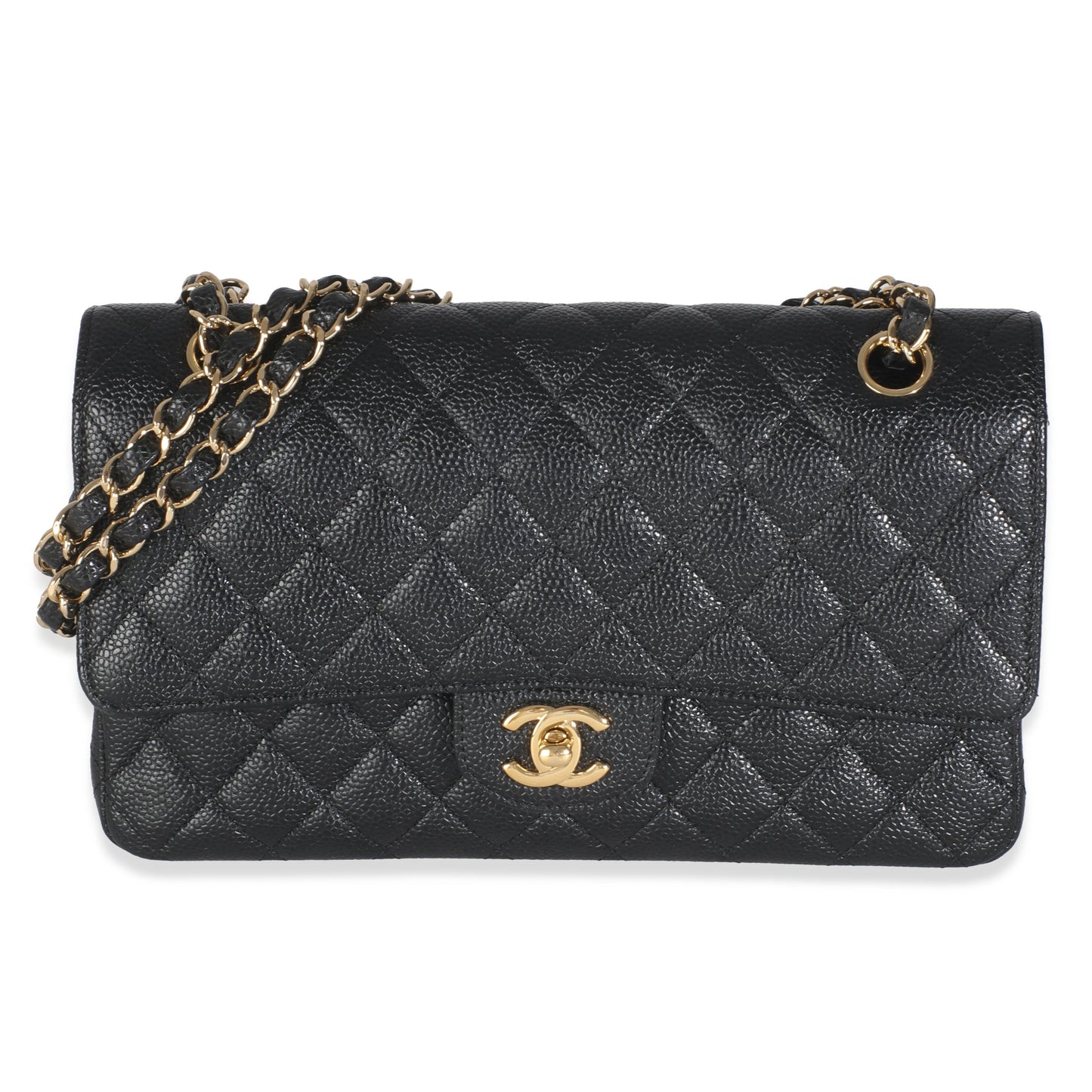 Black Quilted Caviar Medium Classic Double Flap Handbag