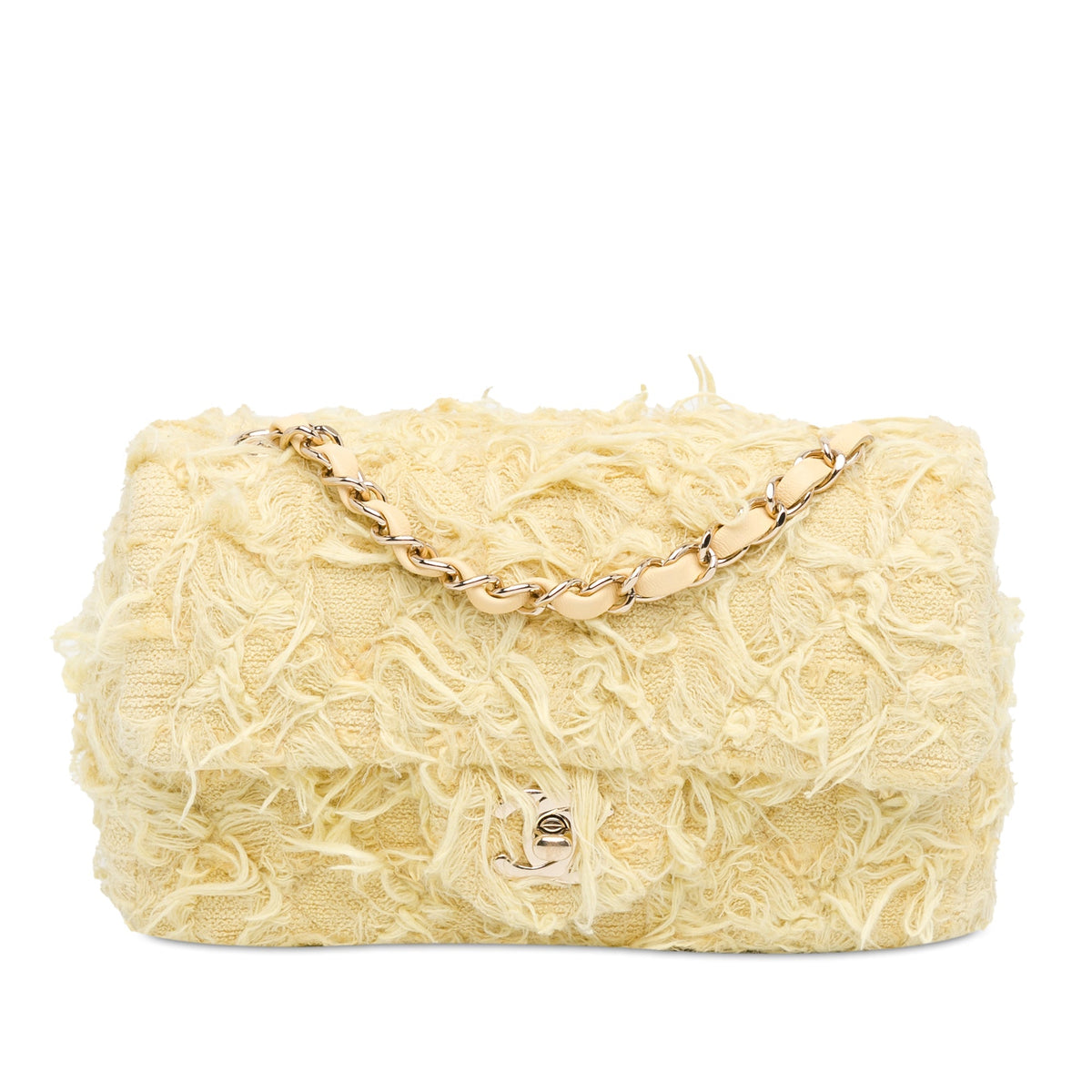 Chanel Mini Rectangular Classic Tweed Fringed Single Flap Yellow