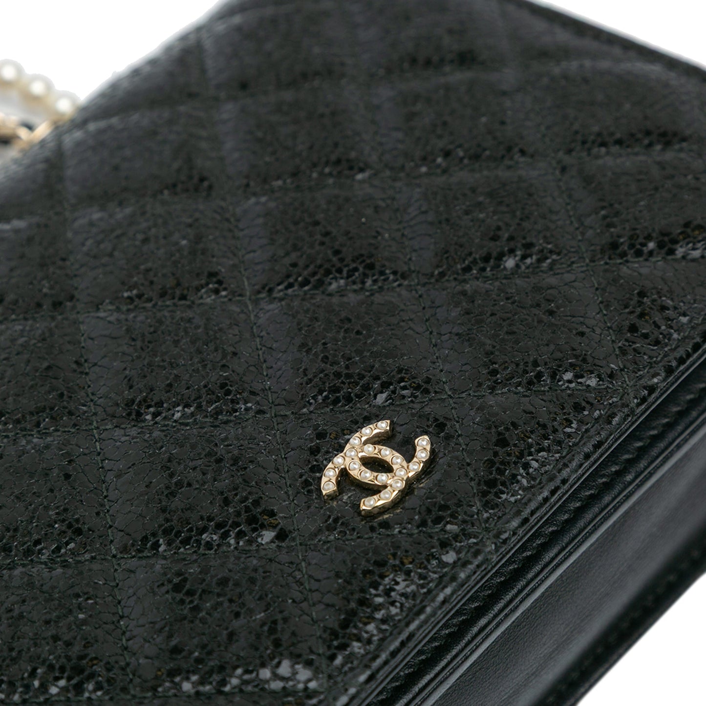 Chanel Quilted Crackled Patent Calfskin Pearl Wallet On Chain Black