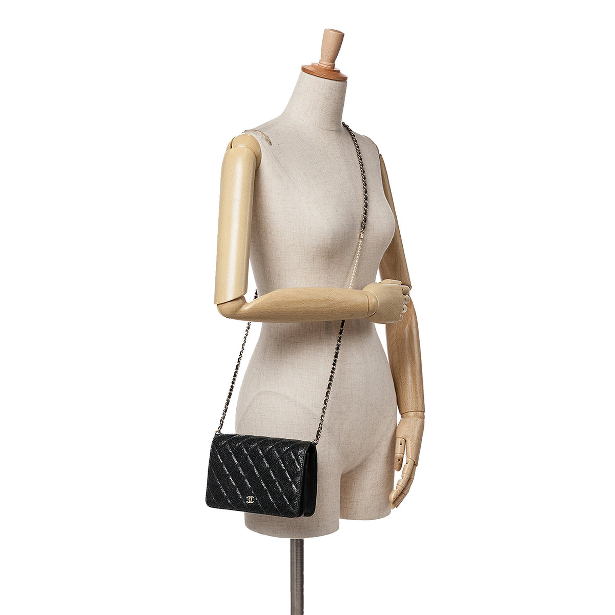 Chanel Quilted Crackled Patent Calfskin Pearl Wallet On Chain Black