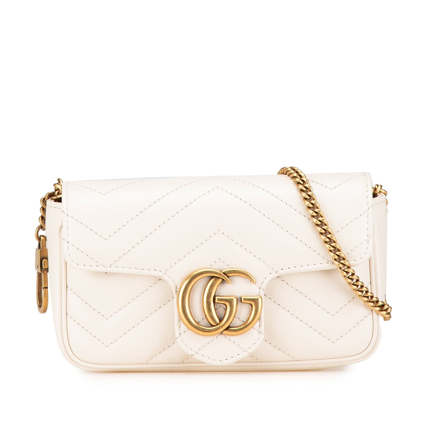 Gucci Super Mini GG Marmont Leather Matelasse Flap Crossbody White