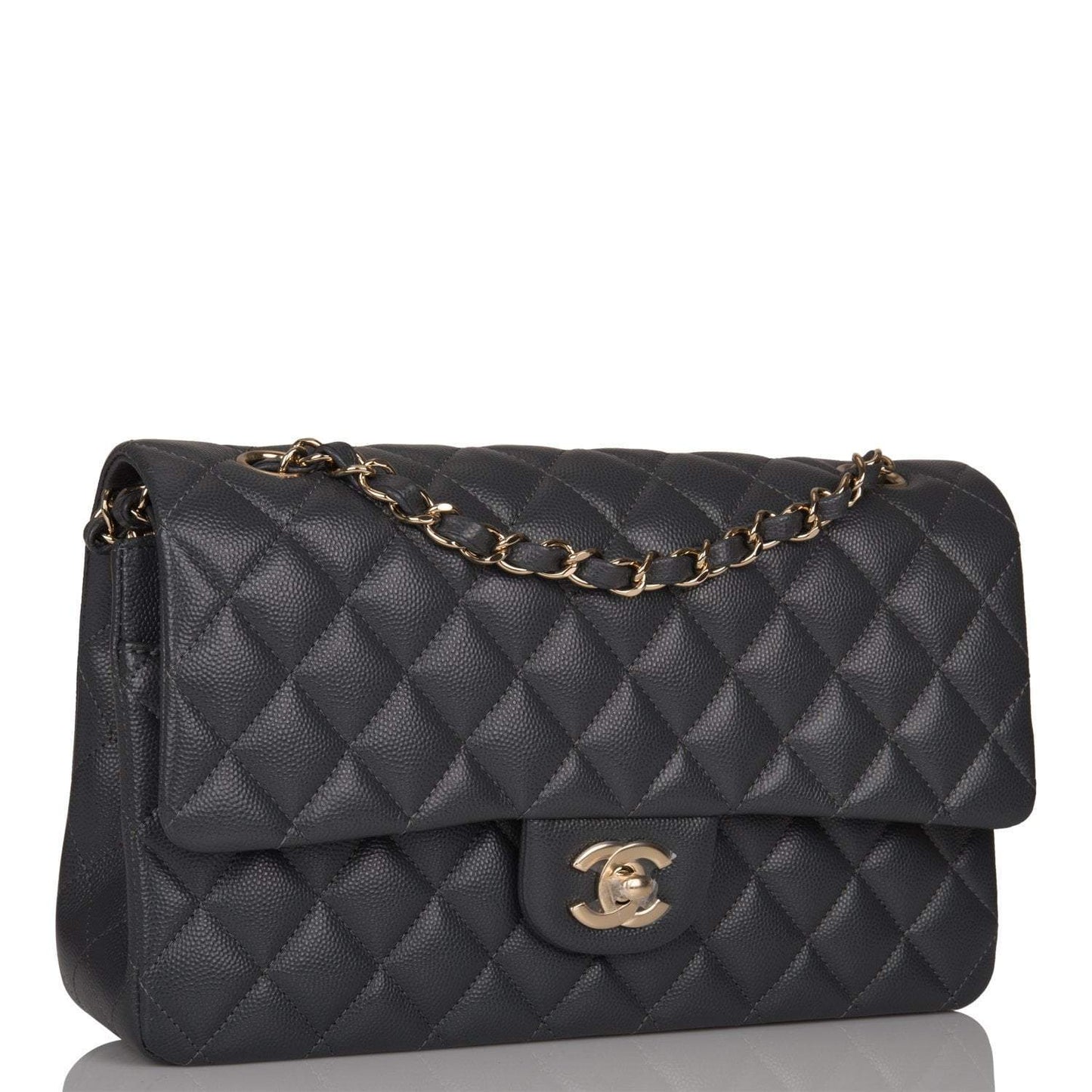 Chanel Medium Classic Double Flap Bag Dark Gray Caviar Light Gold Hardware