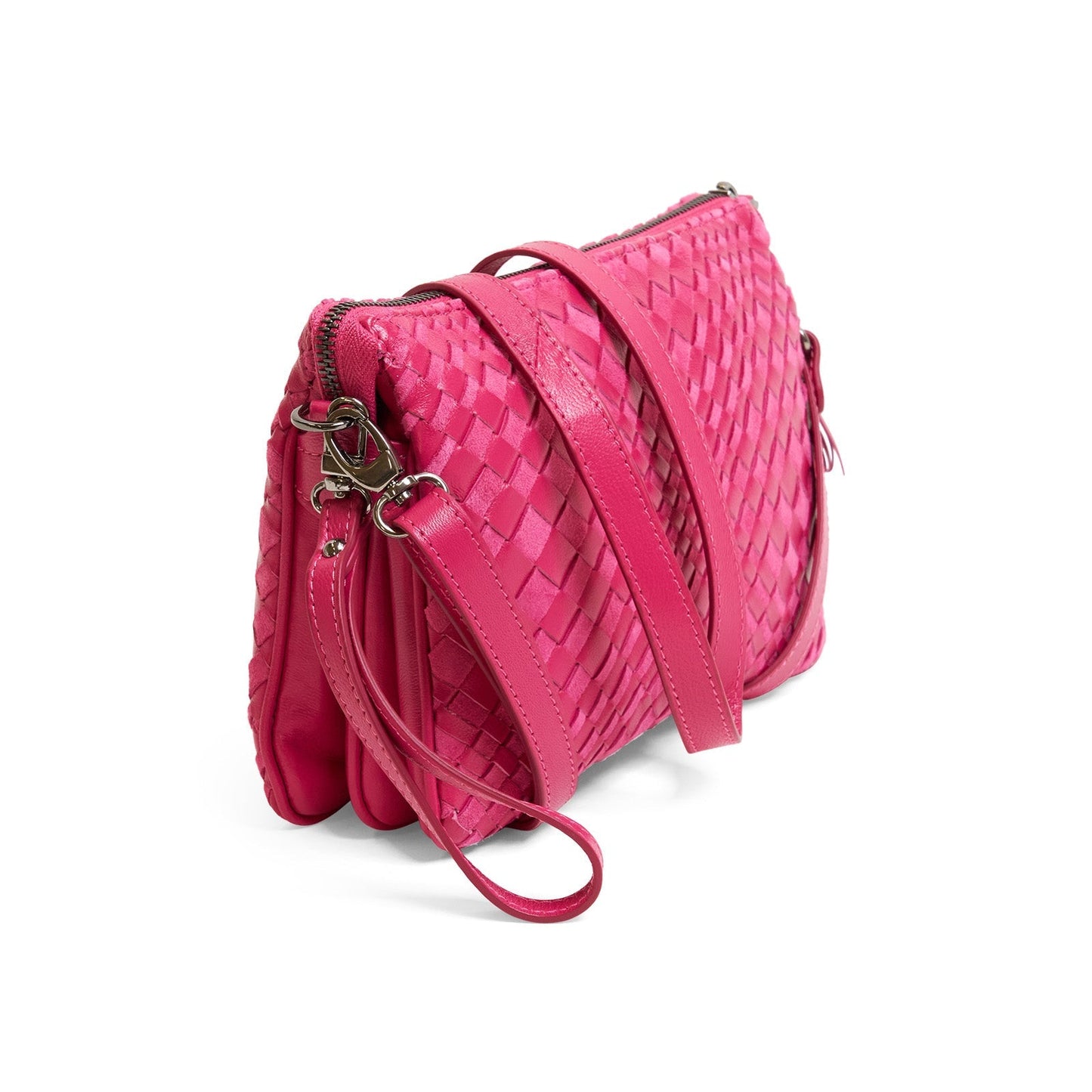 Woman Leather Clutch Intreccio Optical Suede Fucsia