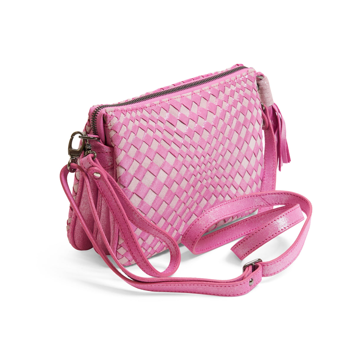 Woman Leather Clutch Intreccio Optical Shimmer Candy Pink and Rose Bon Bon