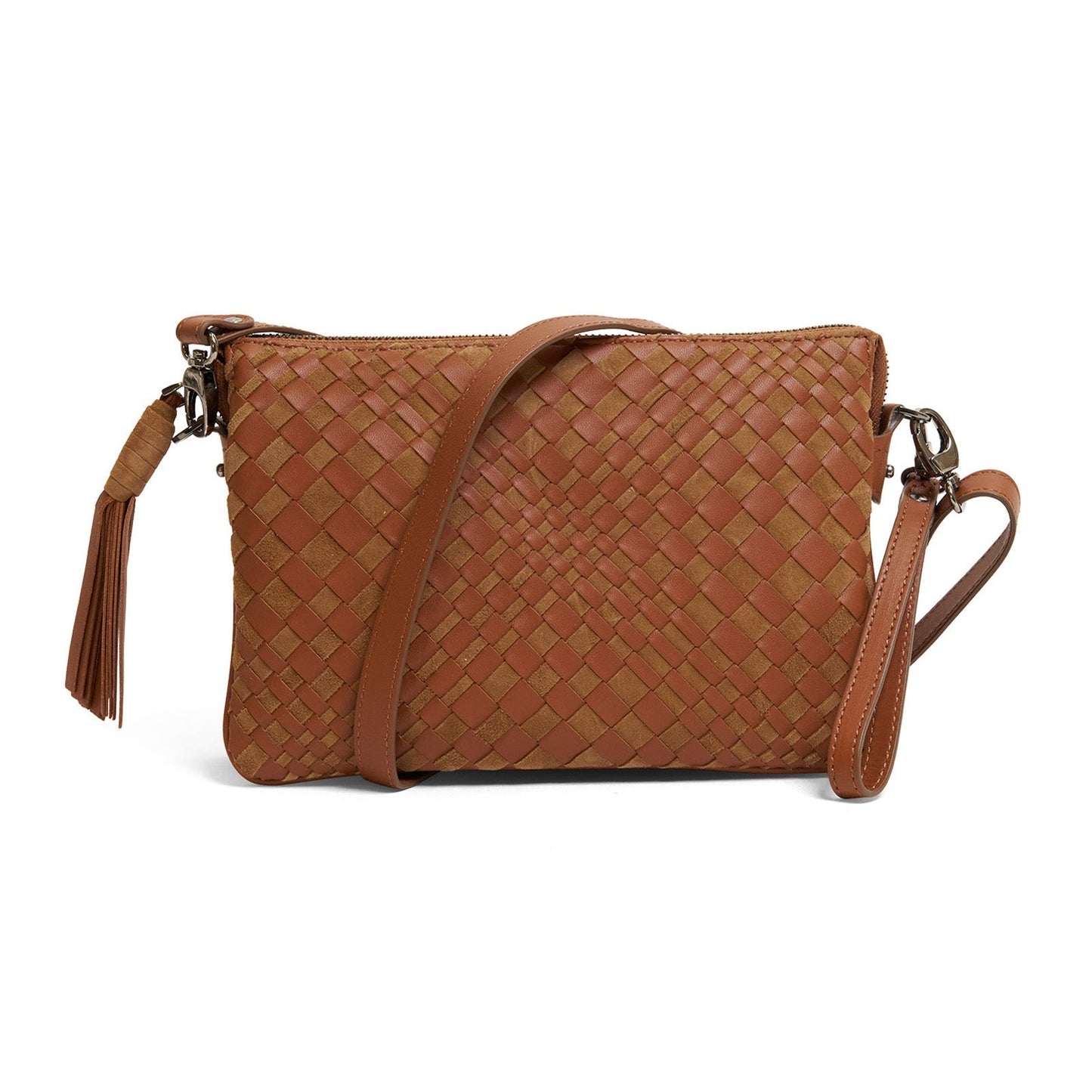 Woman Leather Clutch Intreccio Optical Suede Cuoio