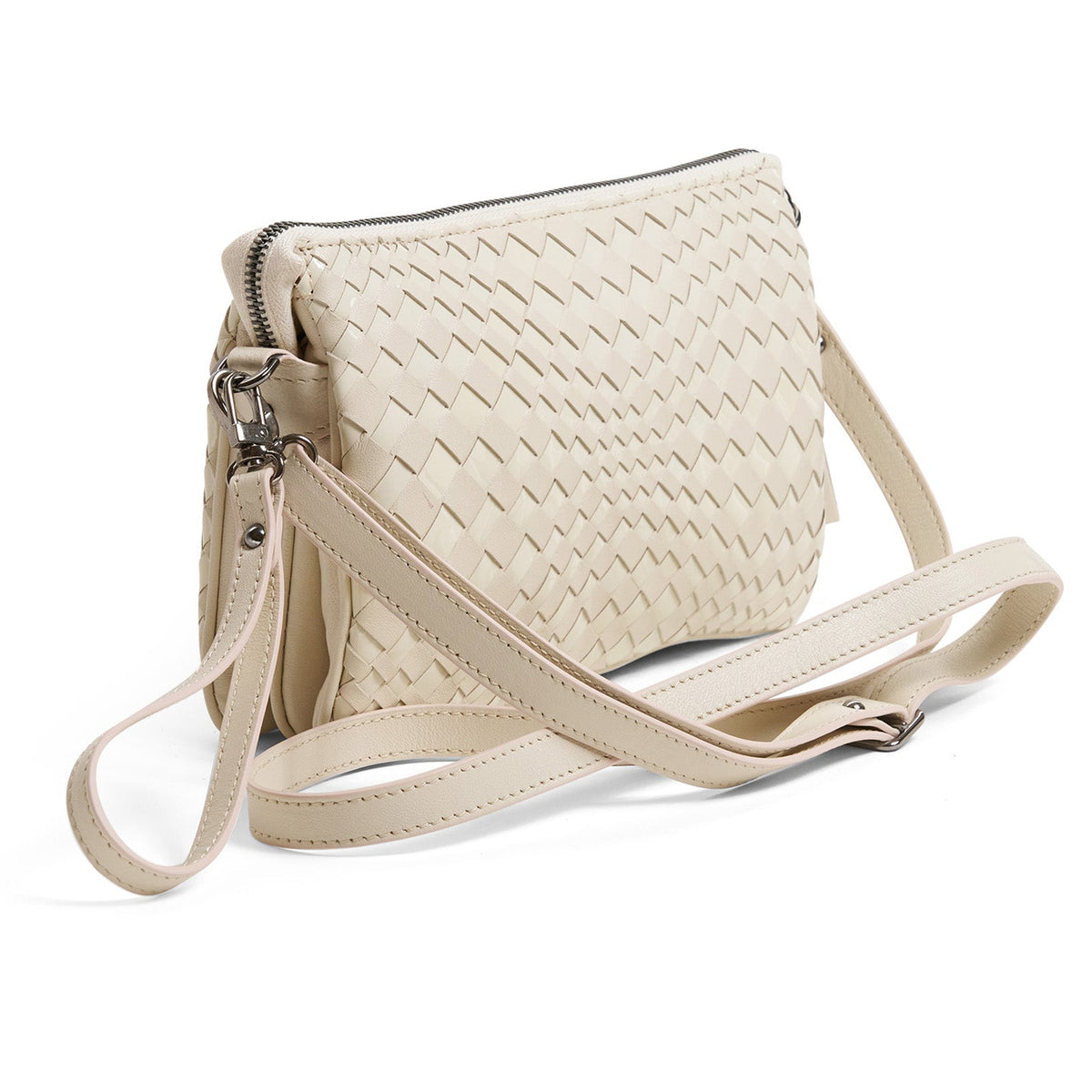 Woman Leather Clutch Intreccio Optical Nappa Patent Beige