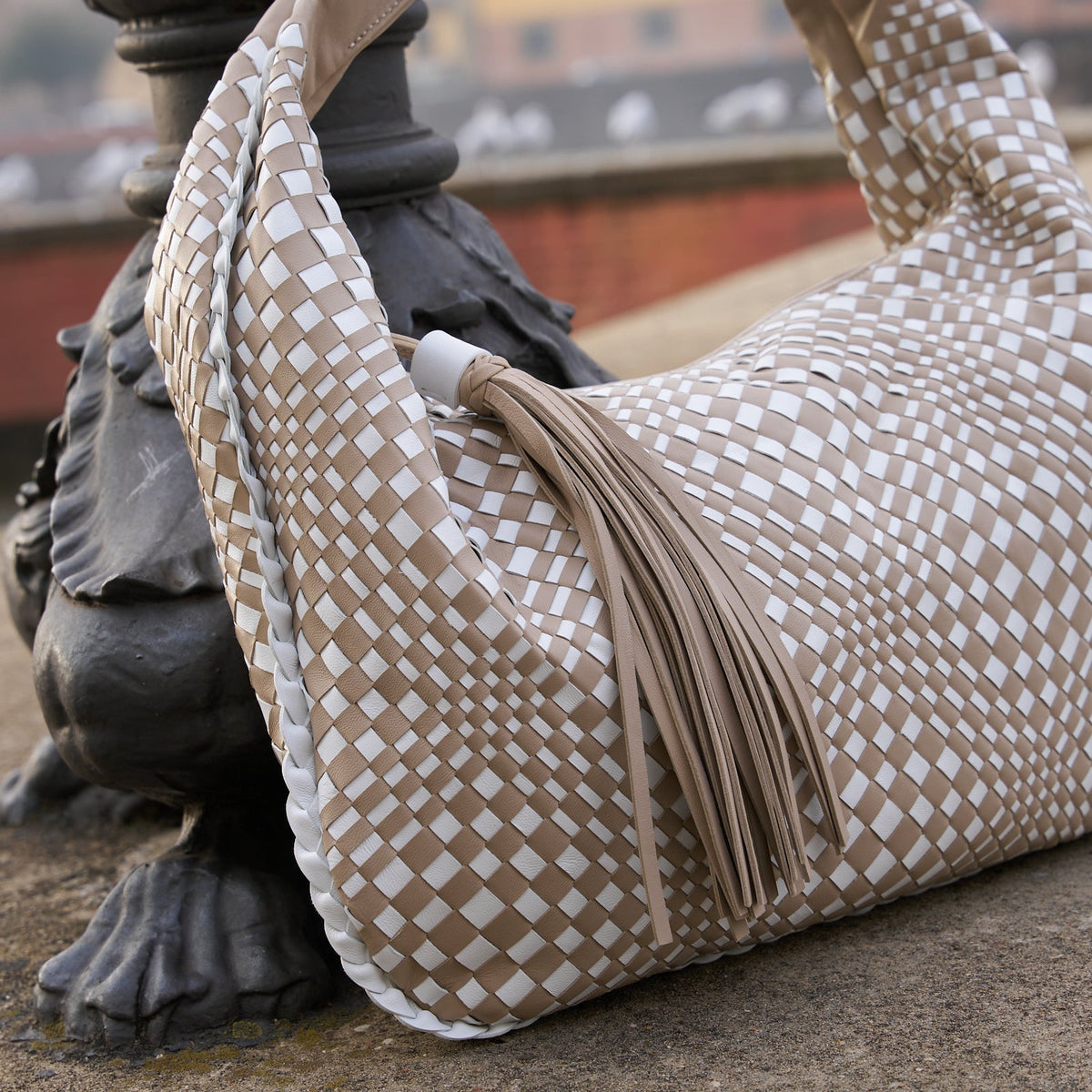 Brigitte Is Women Hobo Bag Intreccio Optical Nappa Taupe and Bianco