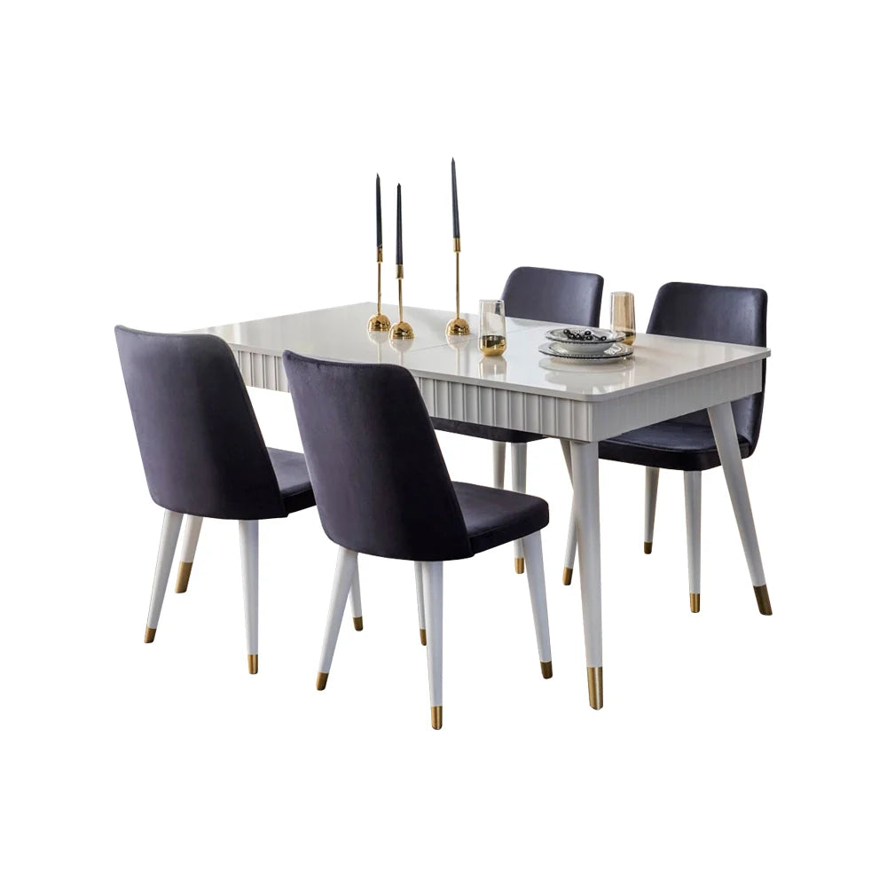 Roomloft Emre Walnut 4-Piece Dining Table Set – Two-Tone Tabletop & Grey Velvet Barrel Armchairs