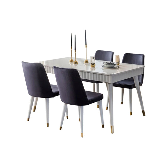 Roomloft Emre Walnut 4-Piece Dining Table Set – Two-Tone Tabletop & Grey Velvet Barrel Armchairs
