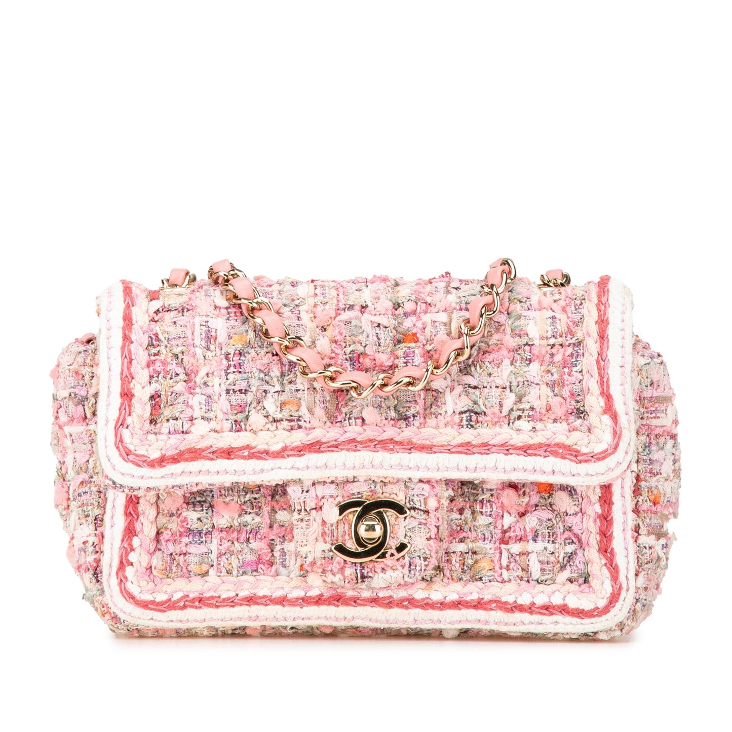 Chanel Mini Rectangular Classic Tweed Braid Flap Pink