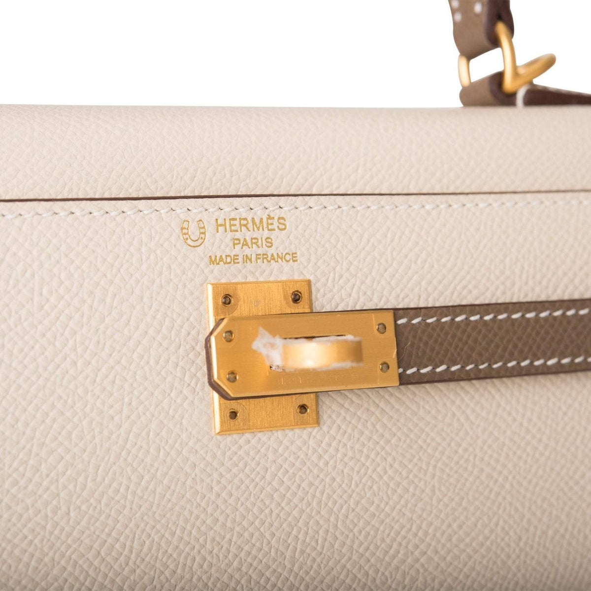 Hermes Kelly 25cm Bi-Color Craie and Etoupe Epsom Sellier  Brushed Gold Hardware