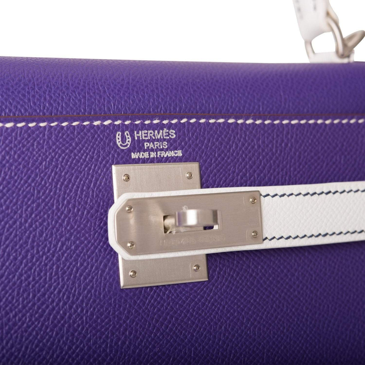 Hermes Kelly Sellier 28 Crocus and White Epsom Brushed Palladium Hardware