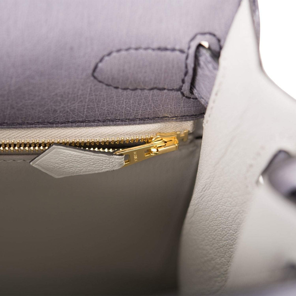 Hermes Kelly 28cm Bi-Color Gris Agate and Gris Perle Ostrich Sellier  Brushed Gold Hardware