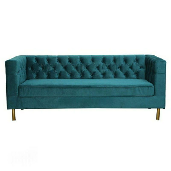 Roomloft Jade Teal Velvet 3-Seater Chesterfield Sofa – Button-Tufted Back and Gold Metal Legs