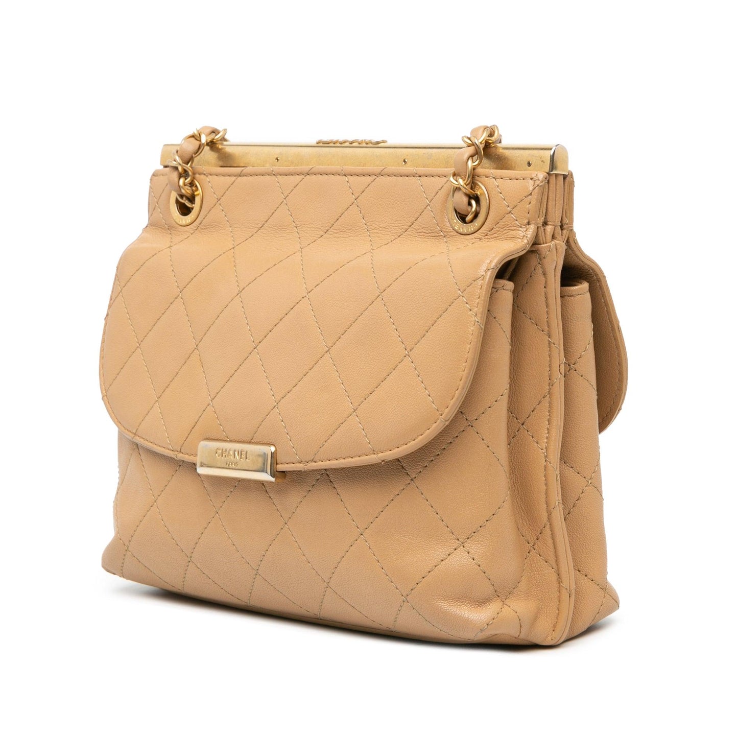 Chanel Quilted Lambskin CC Logo Bar Shoulder Bag Brown